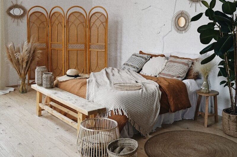 brown wooden door near brown woven armchair